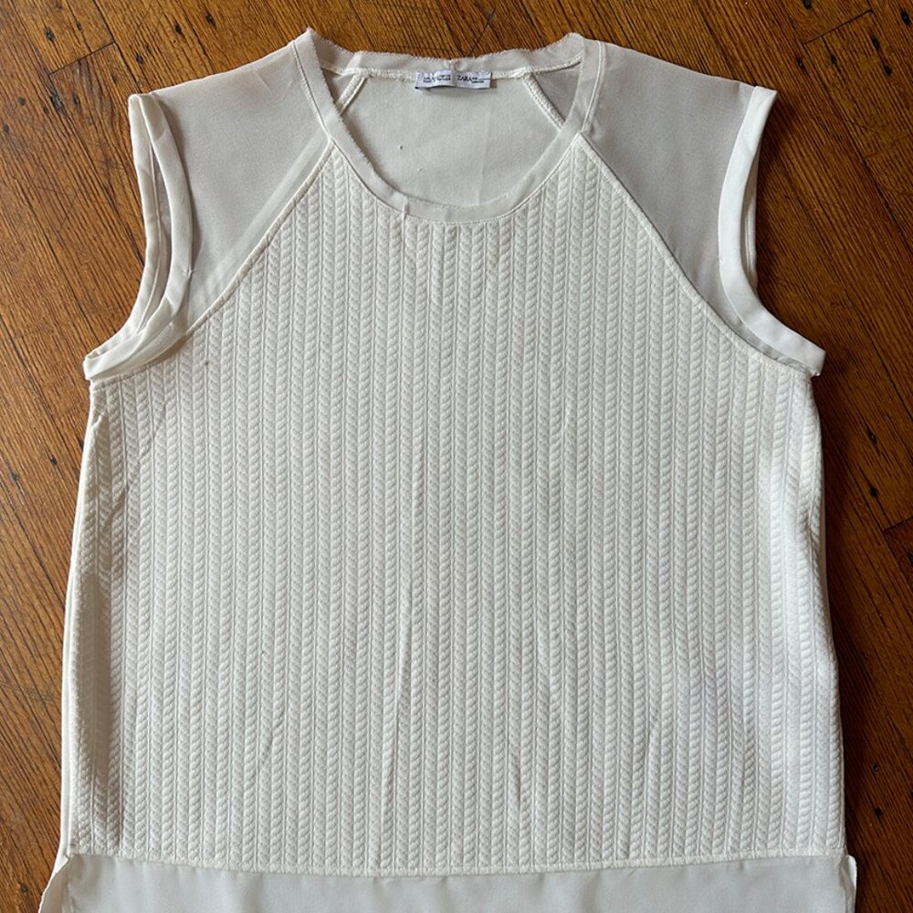 Zara cream Ivory textured sleeveless blouse w/multi fabrics wms Large